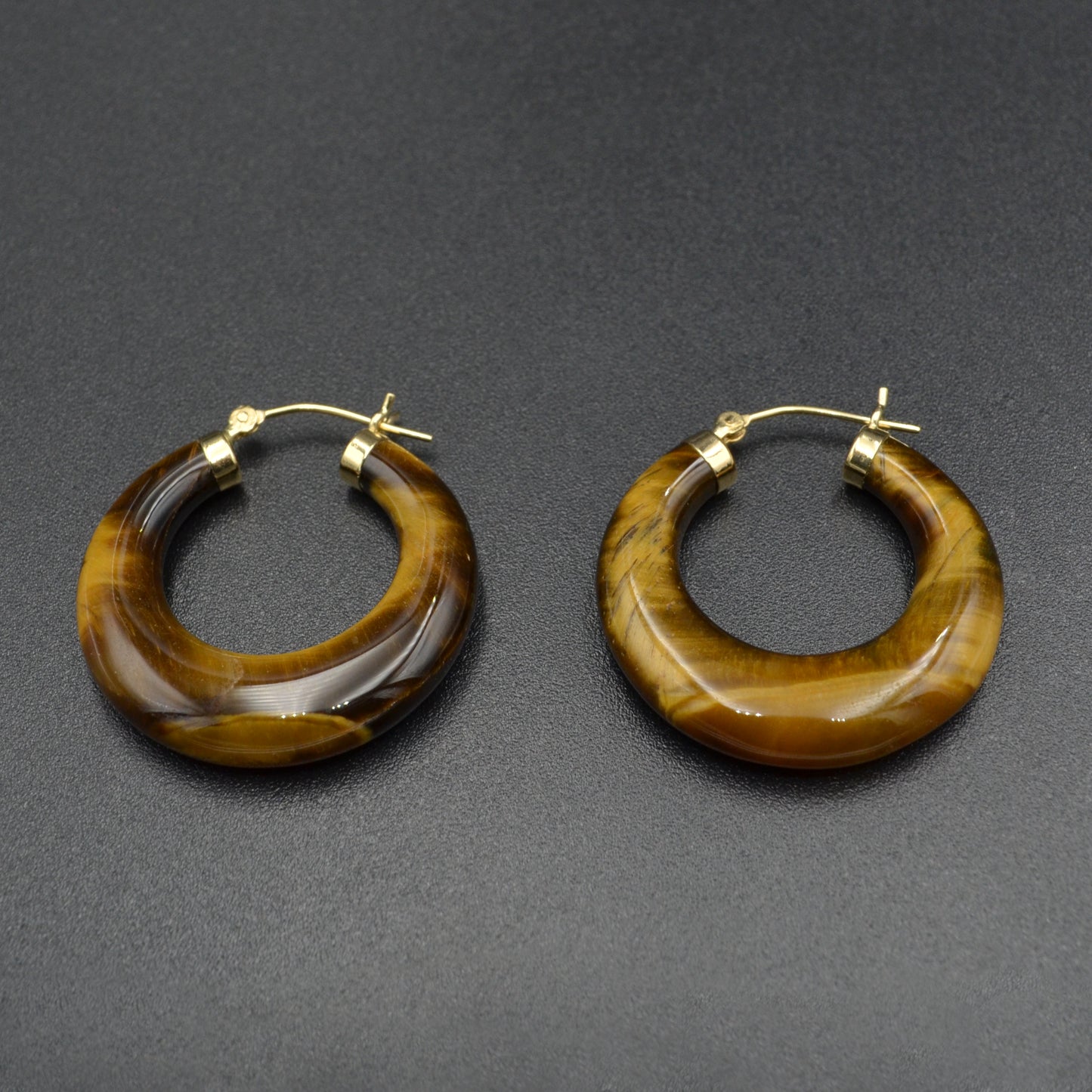 Vintage Chunky Tiger’s Eye and 14k Gold Hoop Earrings