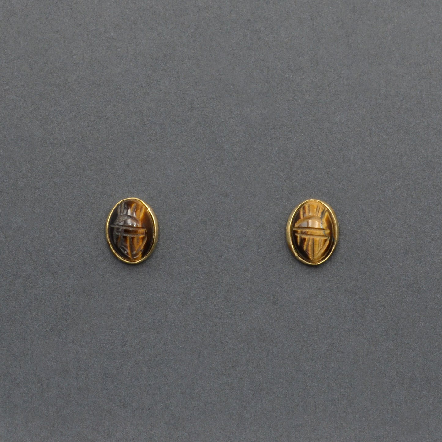 Vintage Tigers Eye and 14k Gold Egyptian Revival Scarab Earrings