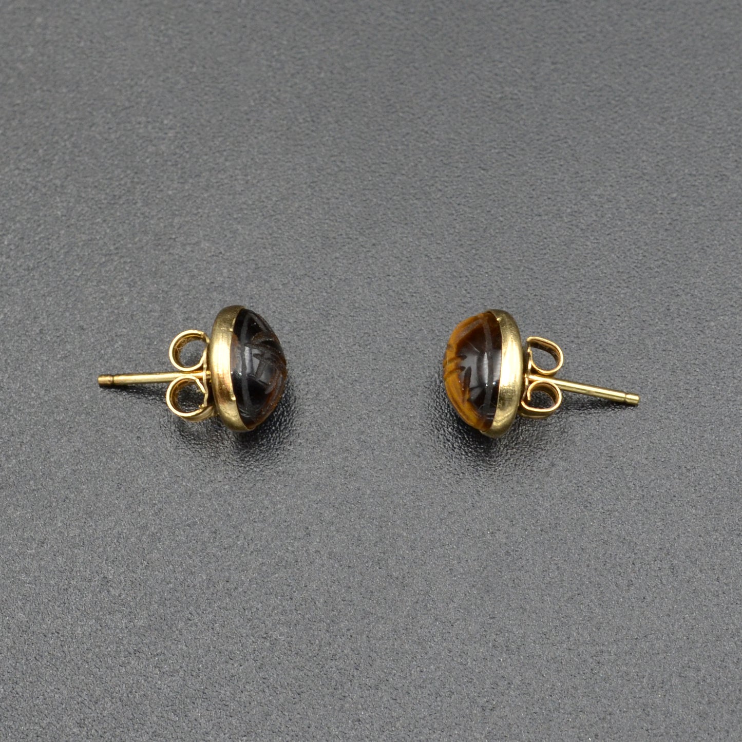 Vintage Tigers Eye and 14k Gold Egyptian Revival Scarab Earrings