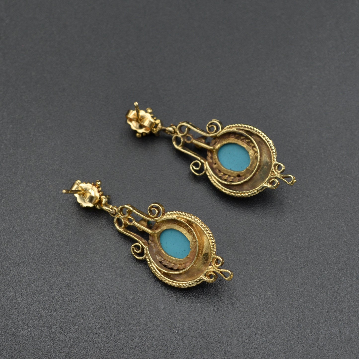 Turquoise and Gold Etruscan Revival Earrings