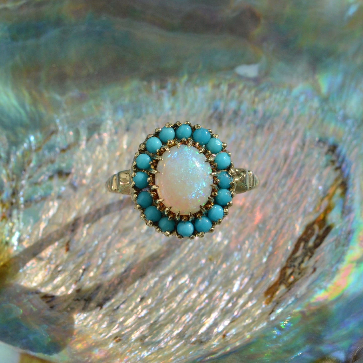 Vintage Opal and Turquoise 10k Gold Halo Ring