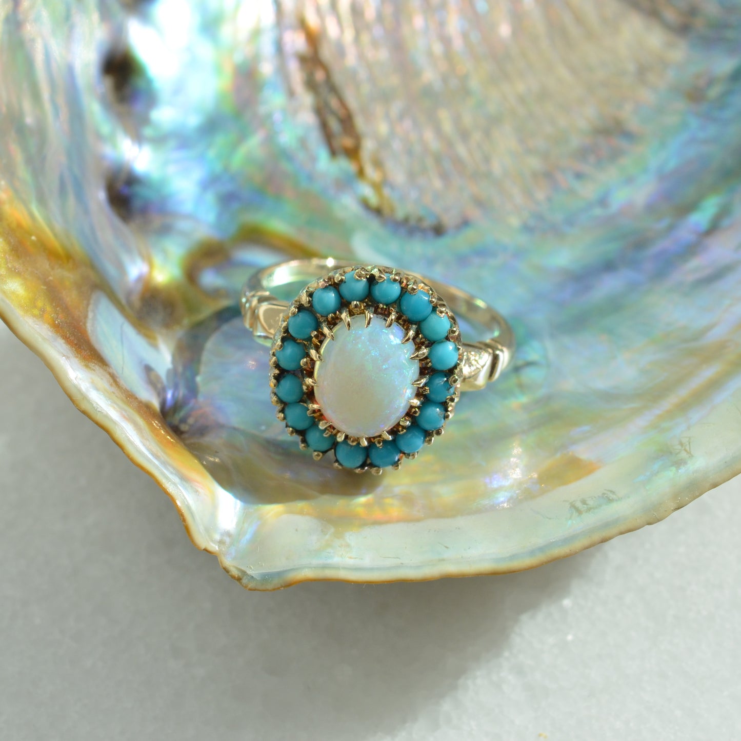 Vintage Opal and Turquoise 10k Gold Halo Ring