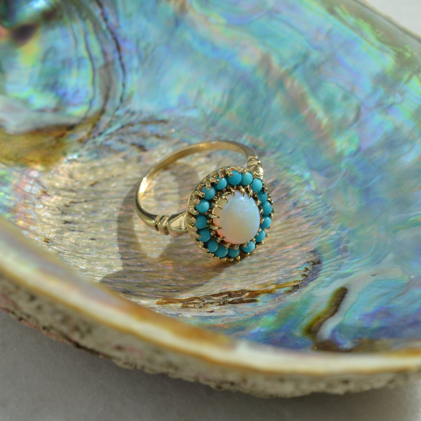 Vintage Opal and Turquoise 10k Gold Halo Ring