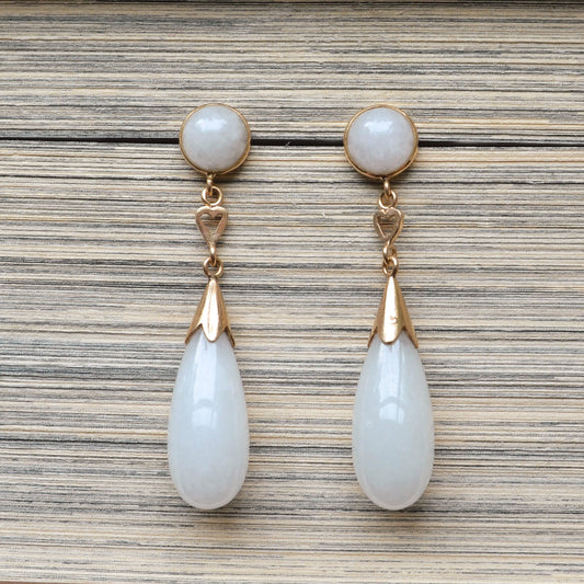 Vintage White Jade and 14k Gold Drop Earrings