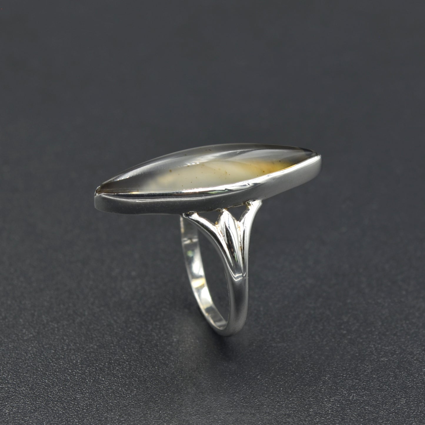 Agate and White Gold Navette Ring