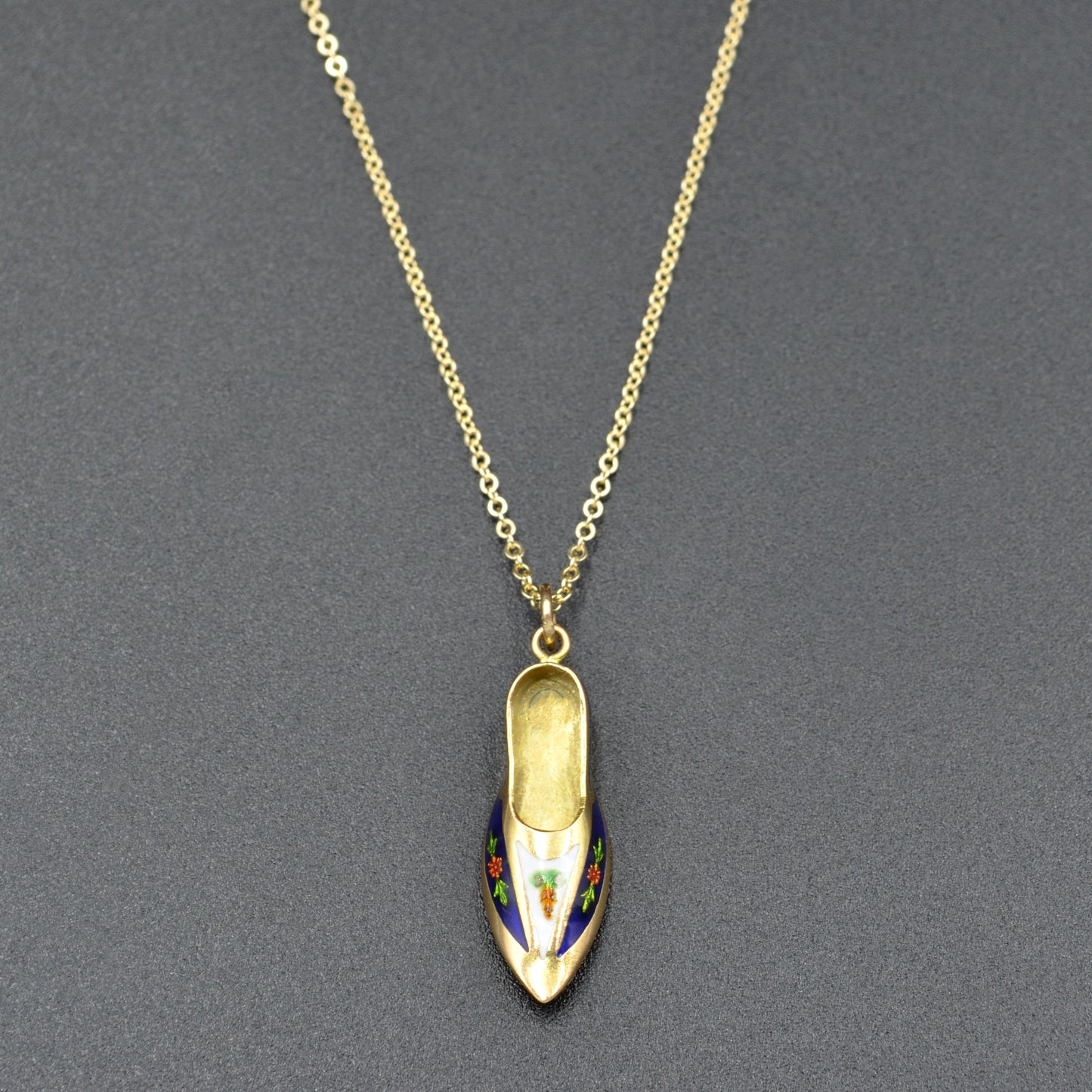 Vintage 14k Gold Ornamental Enamel Slipper Shoe Pendant Necklace