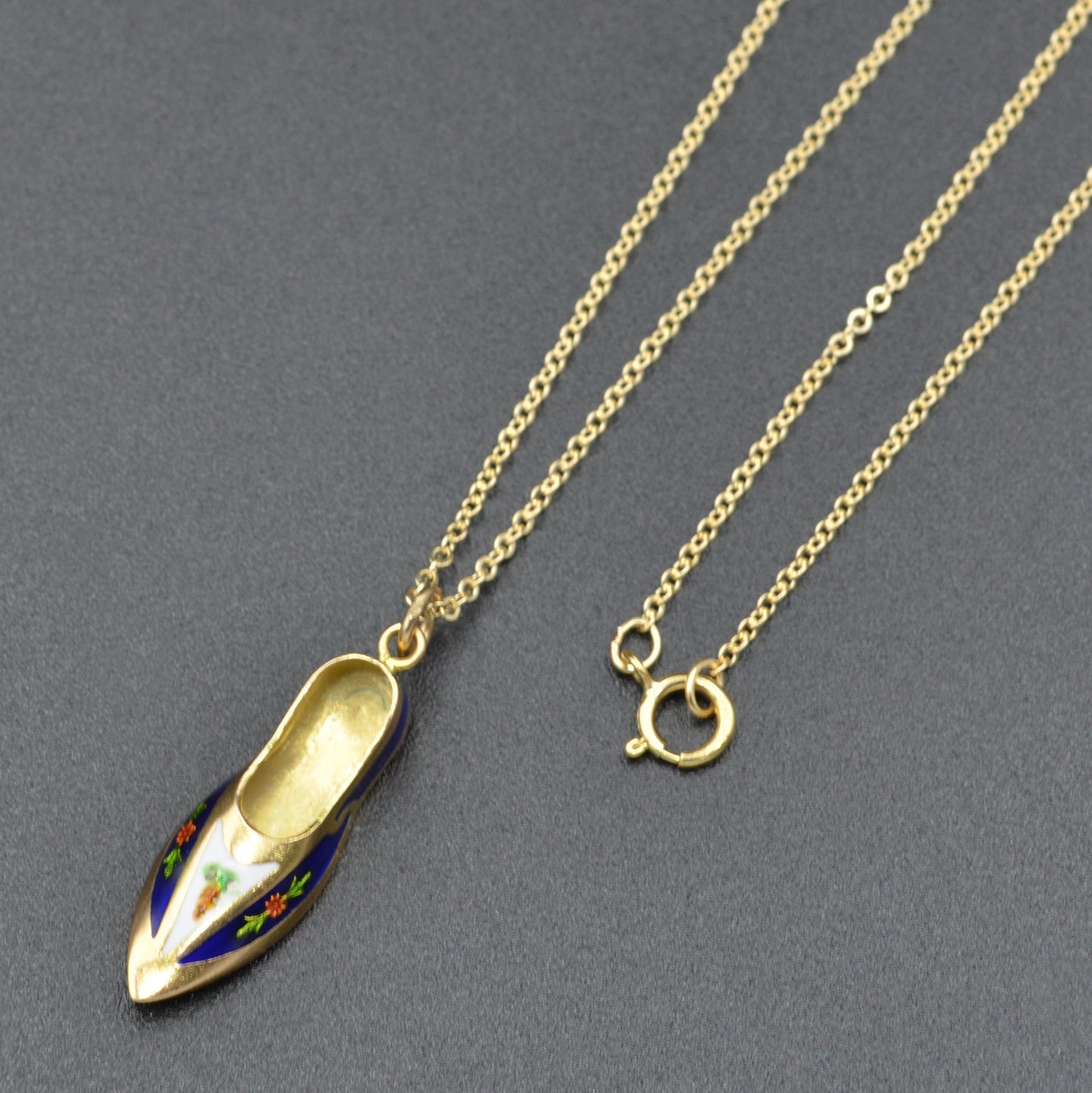 Vintage 14k Gold Ornamental Enamel Slipper Shoe Pendant Necklace