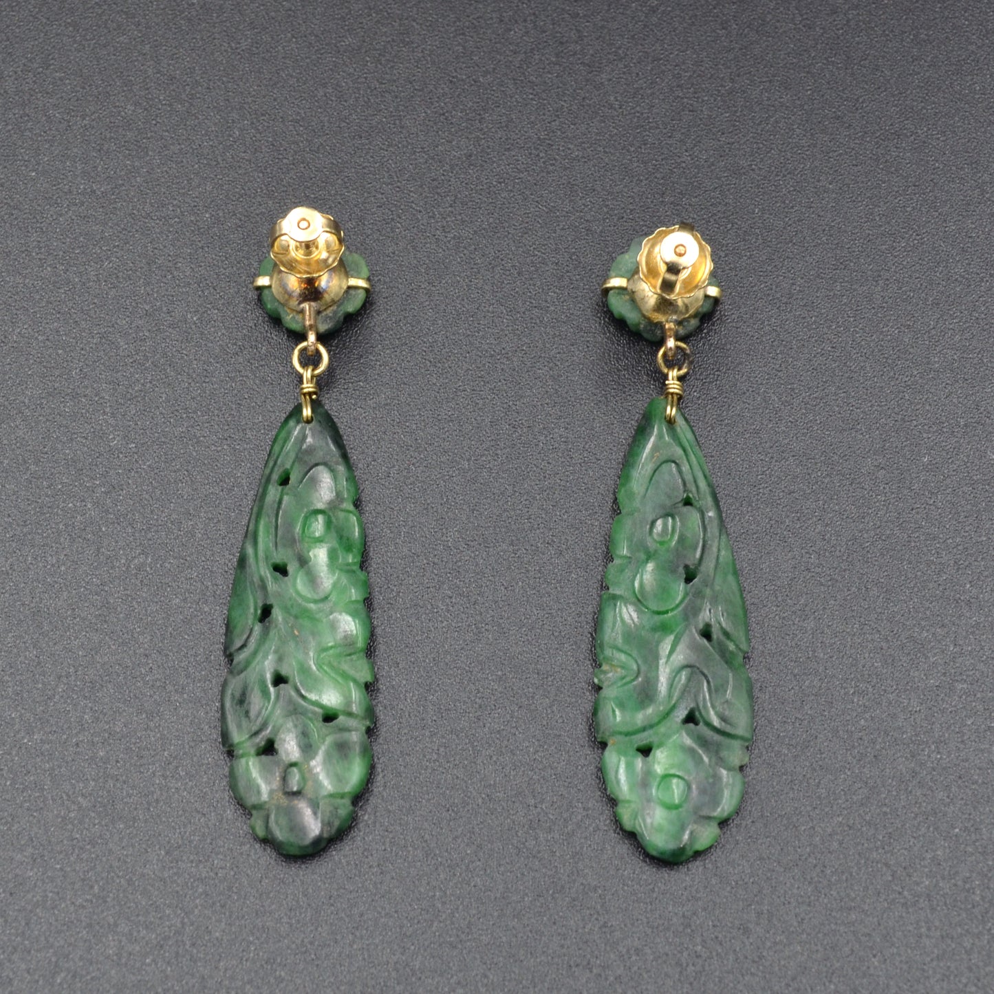 Art Deco 14k Gold Chinese Carved Jade Antique Earrings
