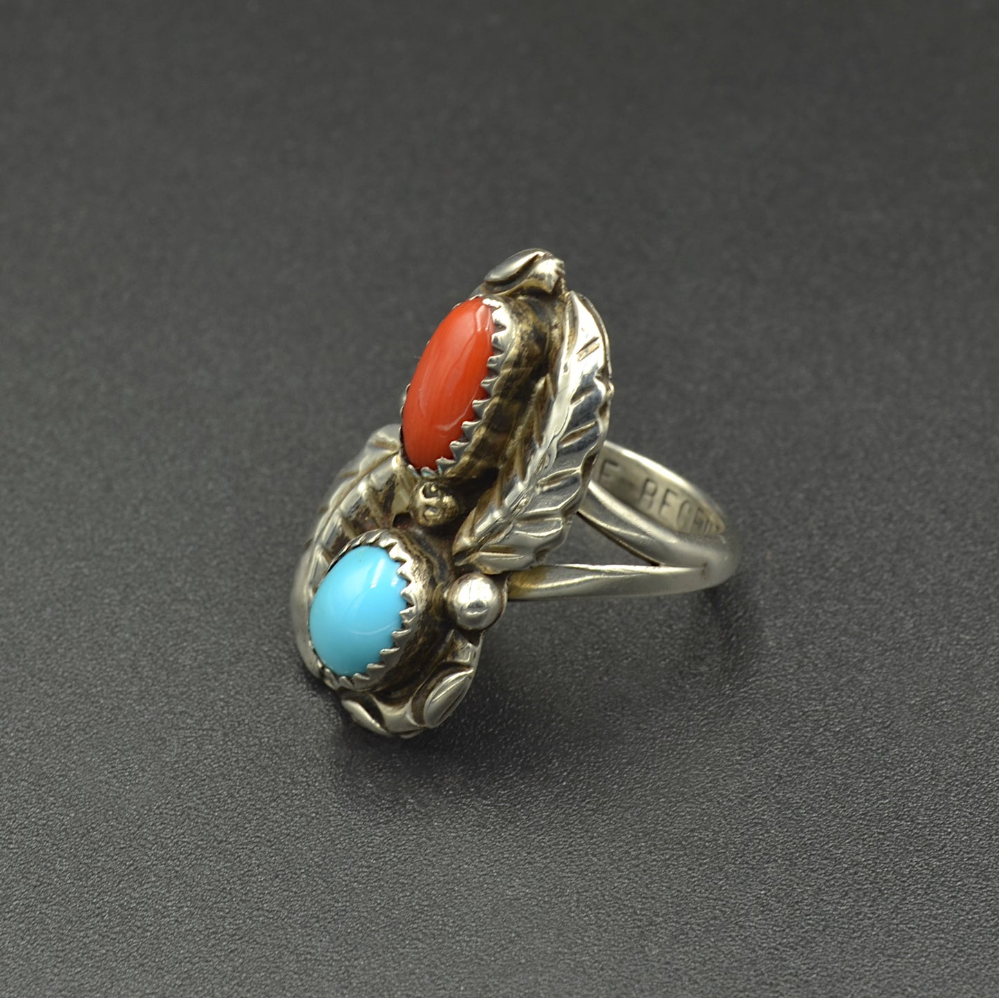 Coral, Turquoise and Silver Ring