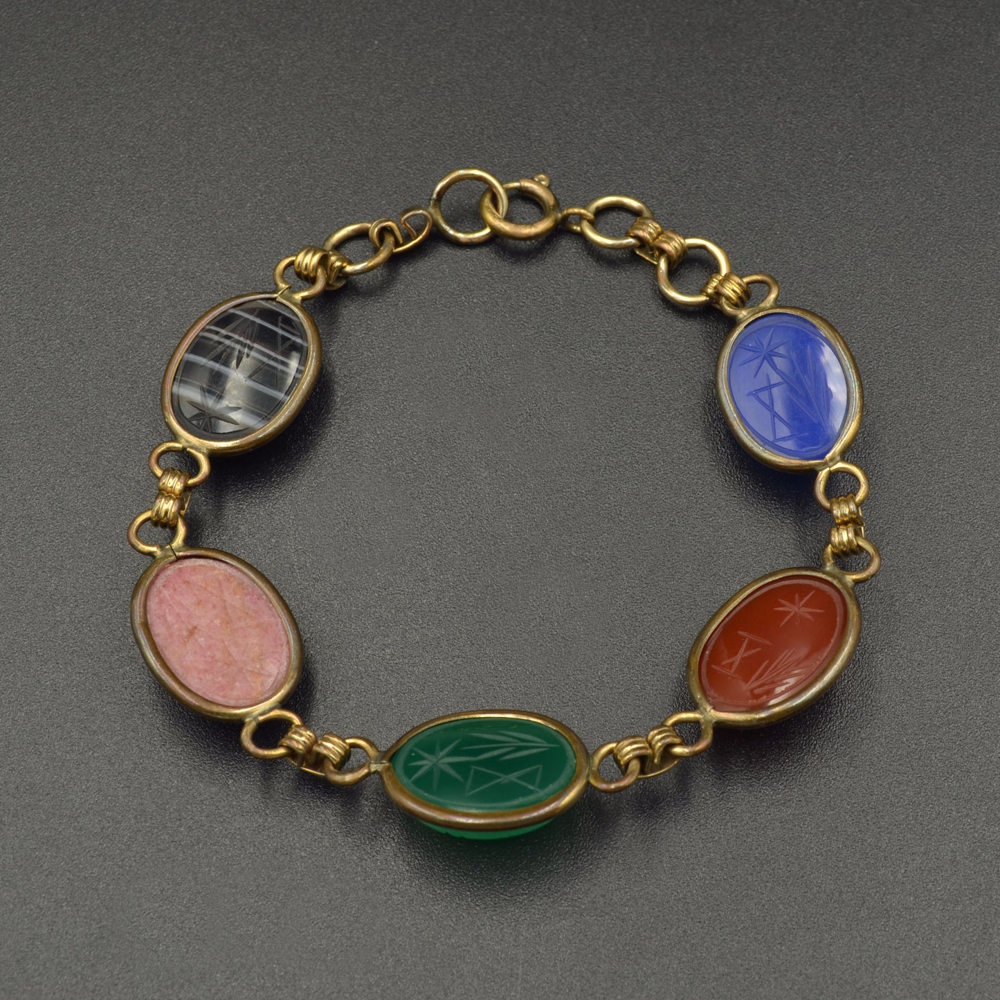 Vintage Egyptian Revival Gemstone Scarab and Gold-filled Bracelet III
