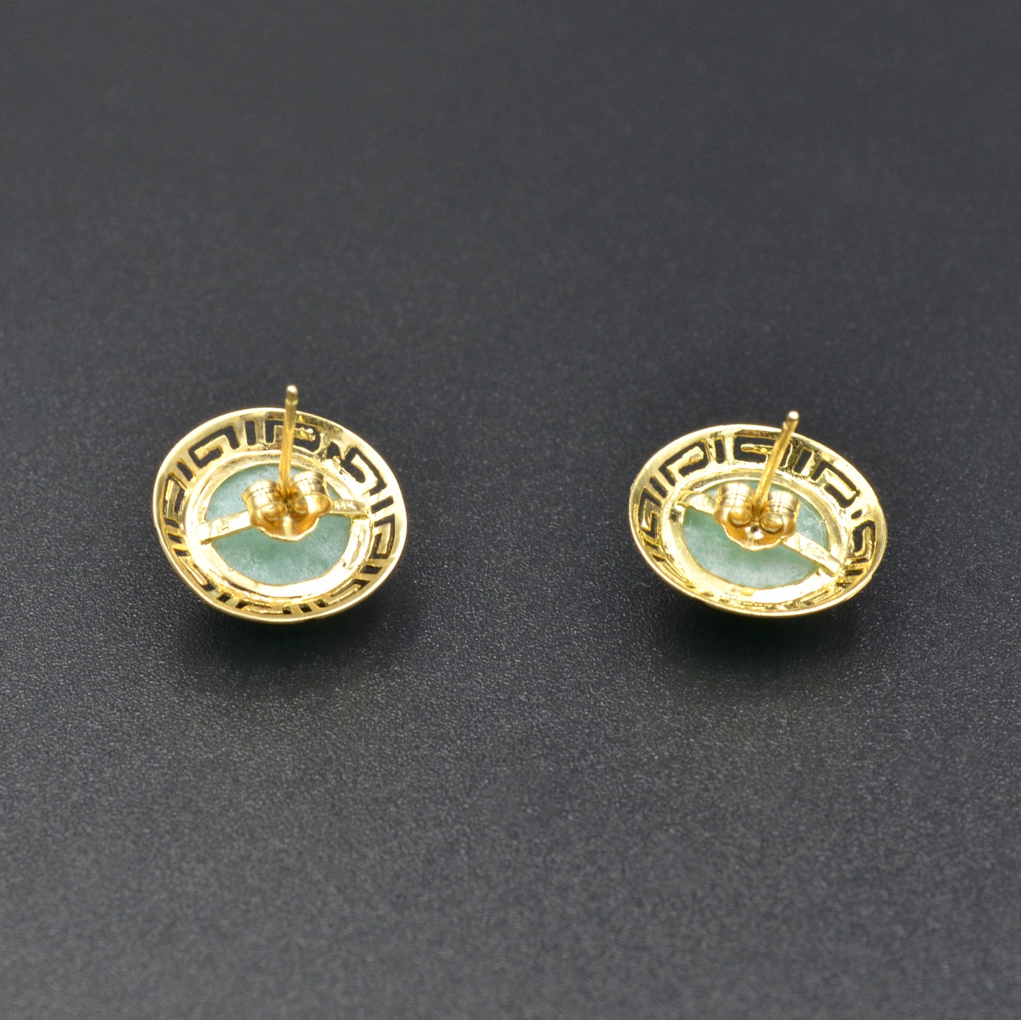 Vintage Green Jade and Greek Key 14k Gold Post Earrings