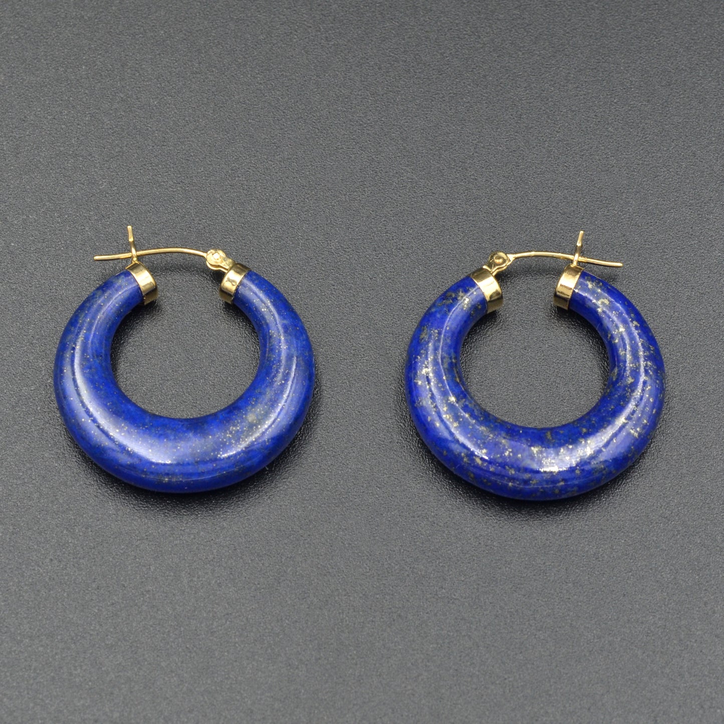 Vintage Lapis Lazuli and 14k Gold Carved Hoop Earrings