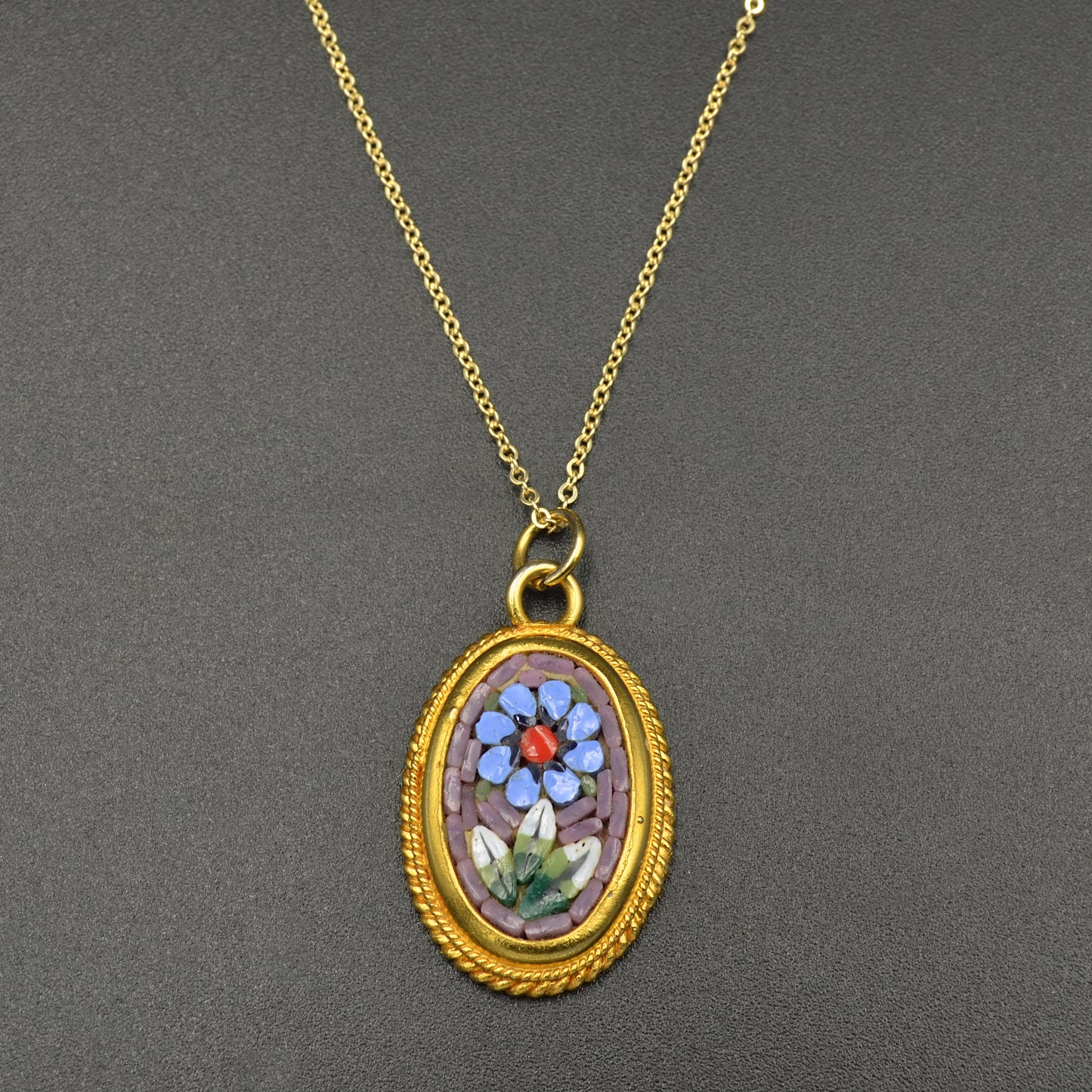 Vintage Micromosaic Glass Inlay Souvenir Floral Pendant Necklace