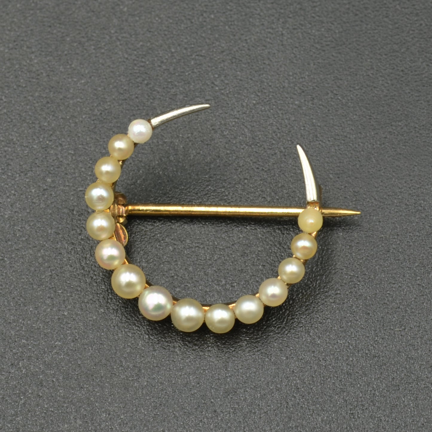 Antique Victorian Crescent Moon Pearl and 14k Gold Brooch