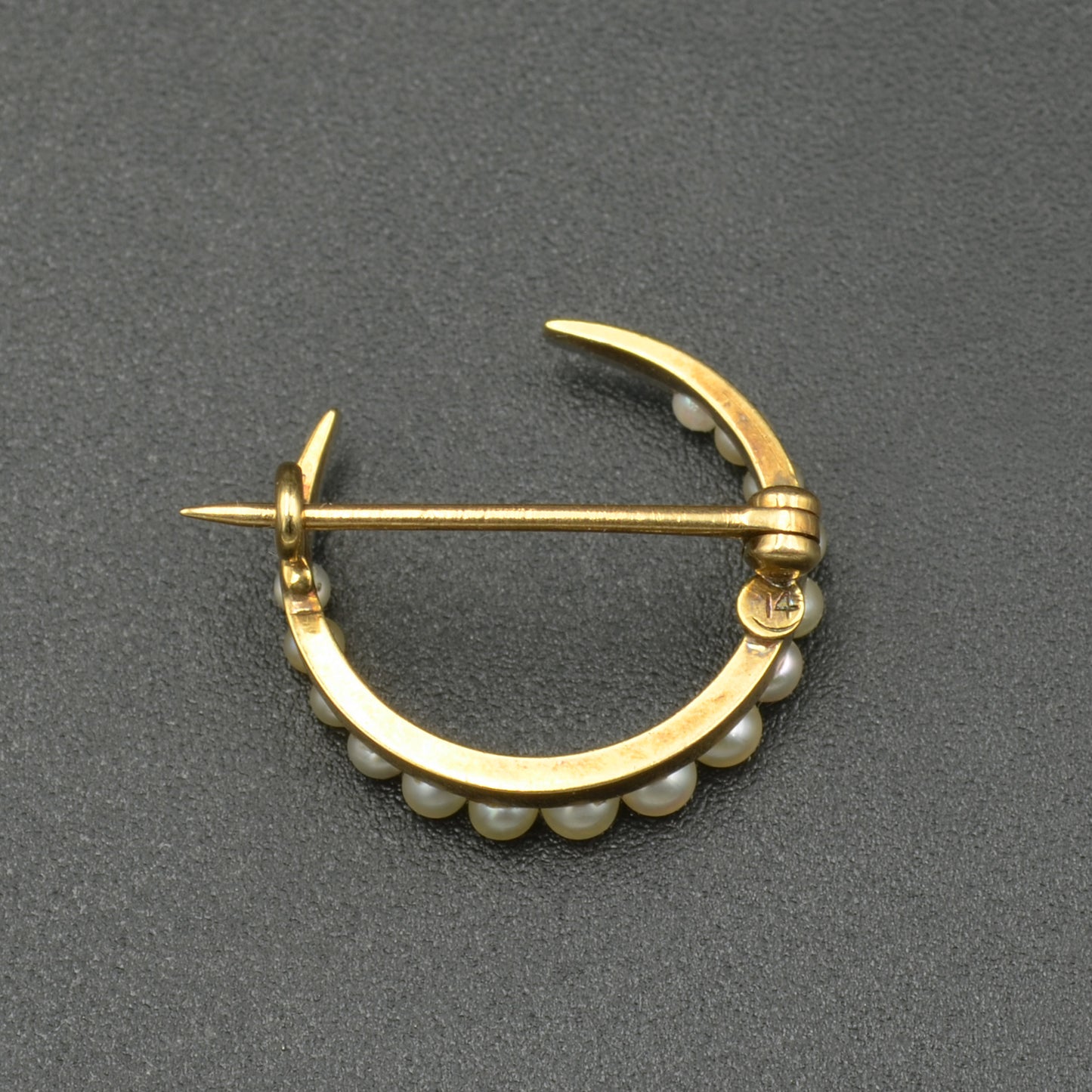 Antique Victorian Crescent Moon Pearl and 14k Gold Brooch