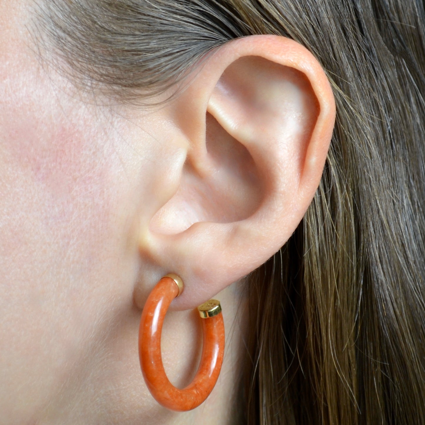Red Jade and Gold Hoop Earrings