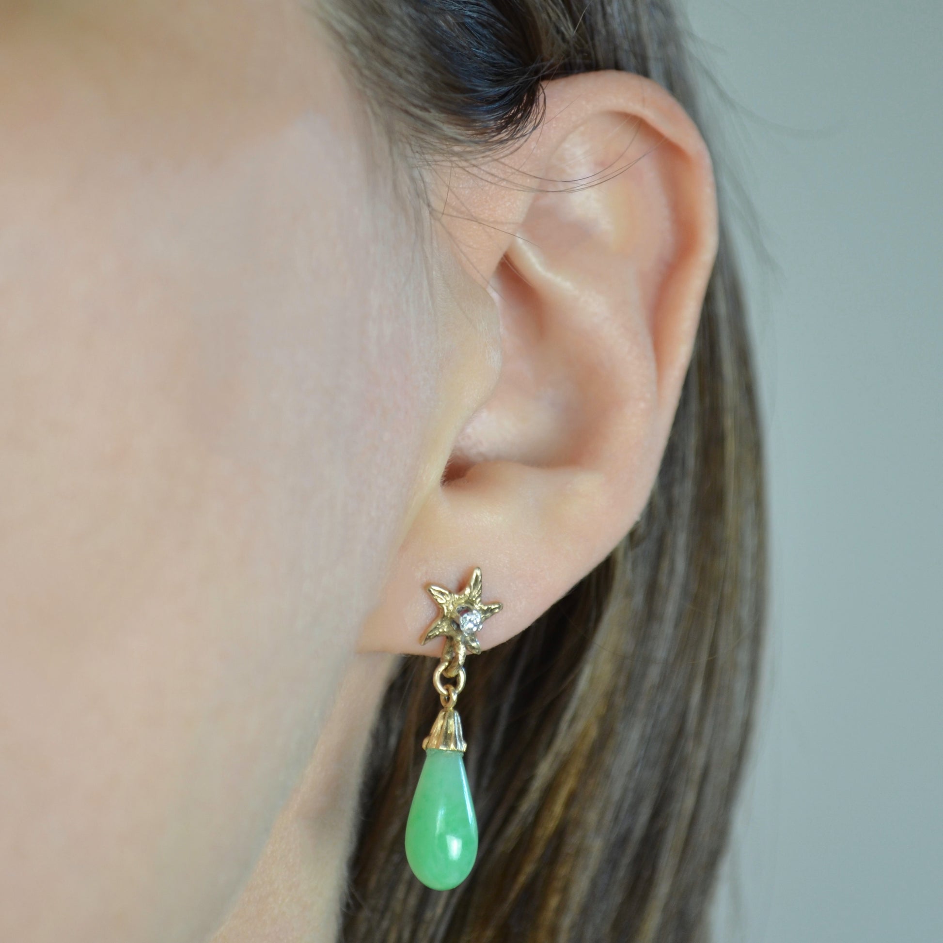 Vintage 14k Gold, Jadeite Jade and Diamond Teardrop Earrings