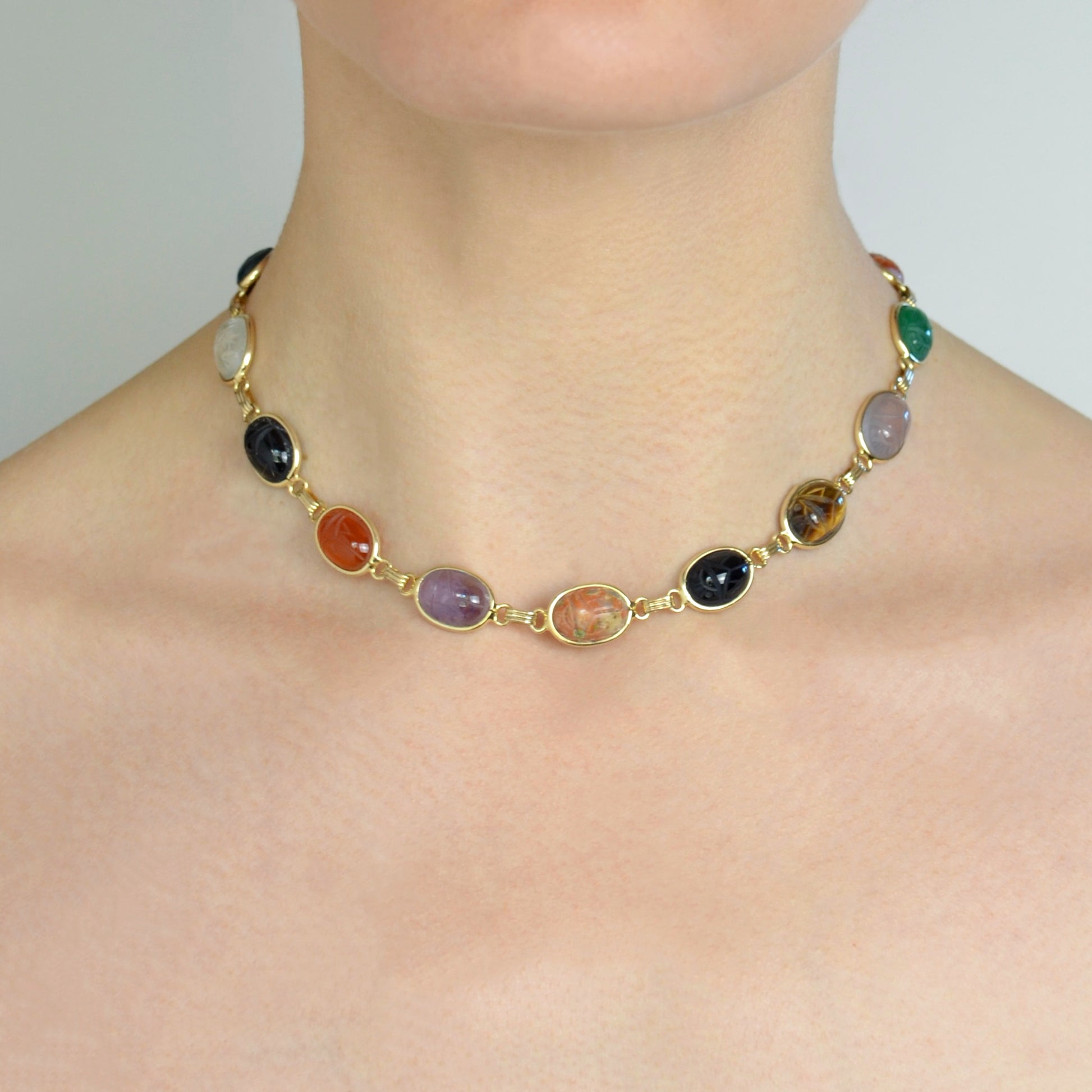 Vintage Egyptian Revival Gemstone Scarab and Gold-Filled Necklace