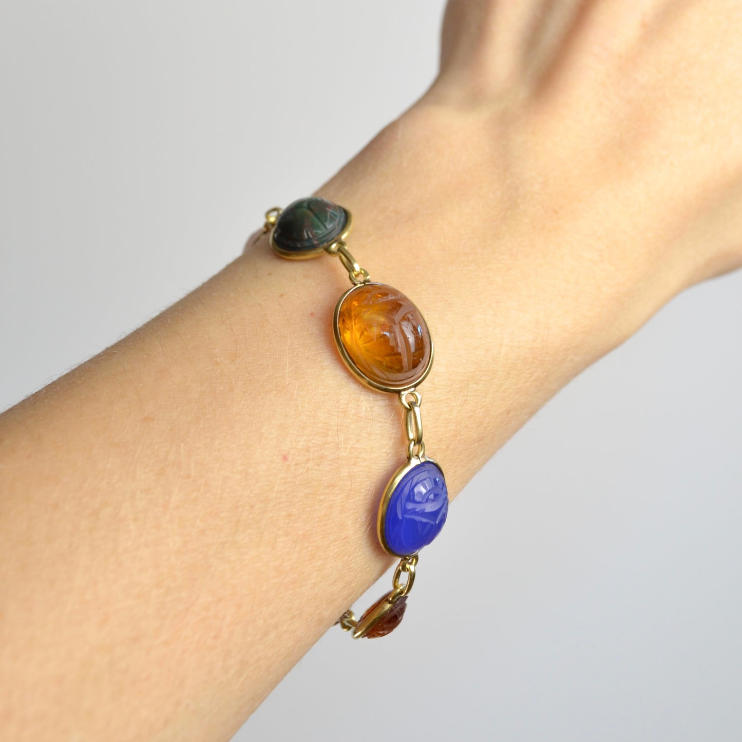 Vintage Egyptian Revival Gemstone and 14k Gold Scarab Bracelet