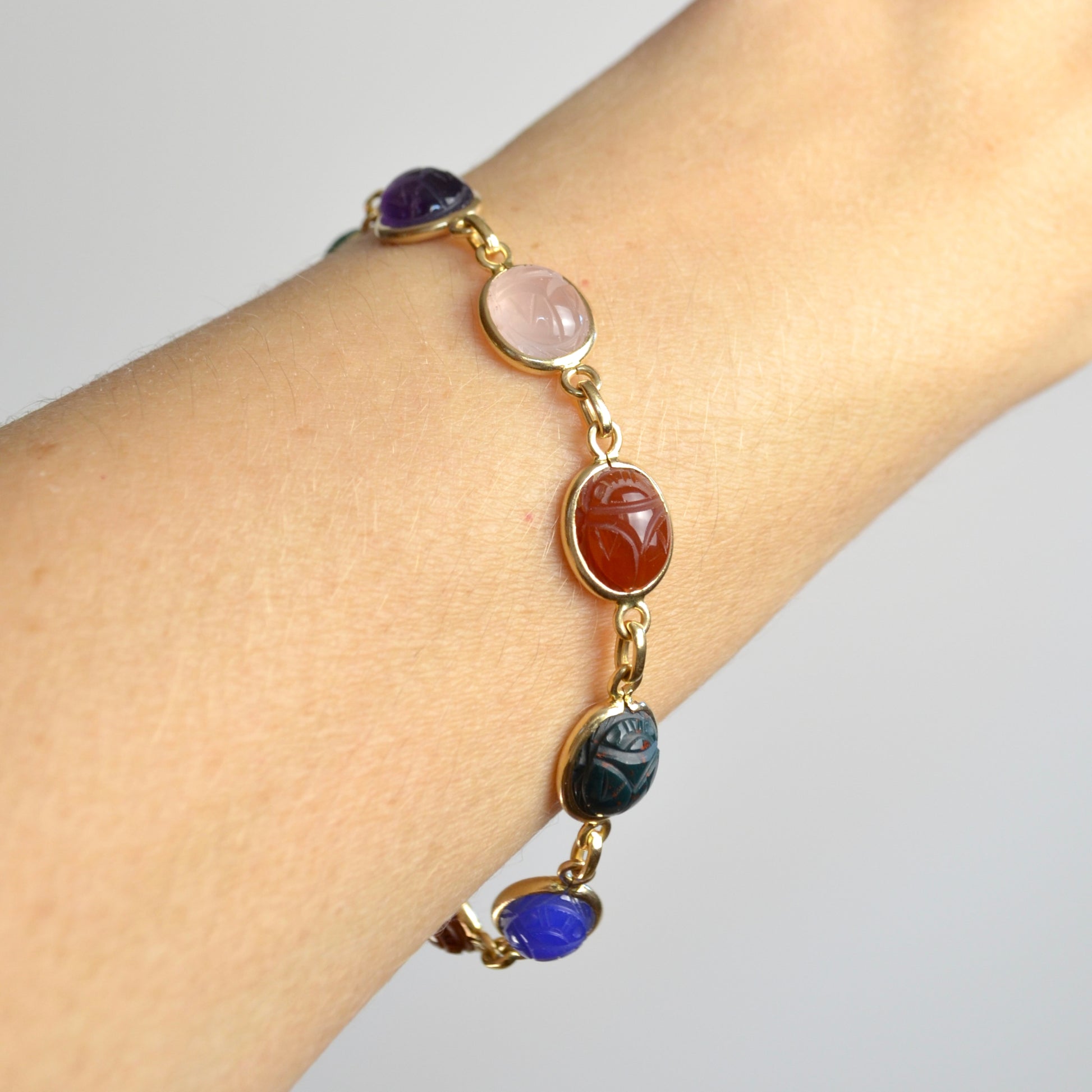 Vintage Egyptian Revival Gemstone and 14k Gold Scarab Bracelet