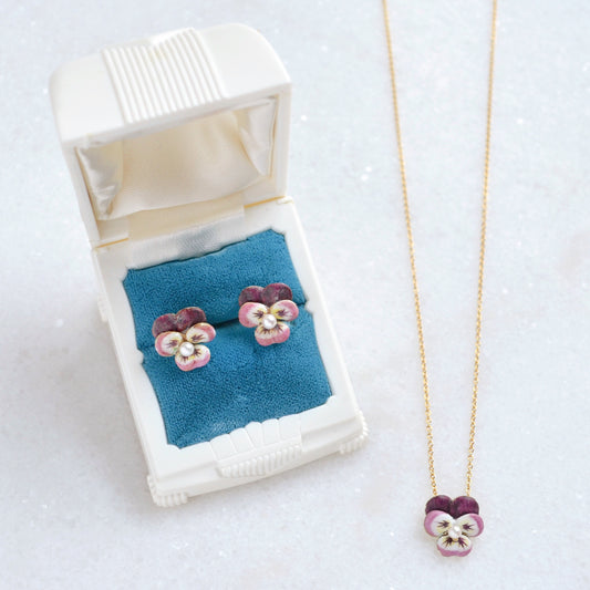 Antique Enamel Pansy Earring and Necklace Set