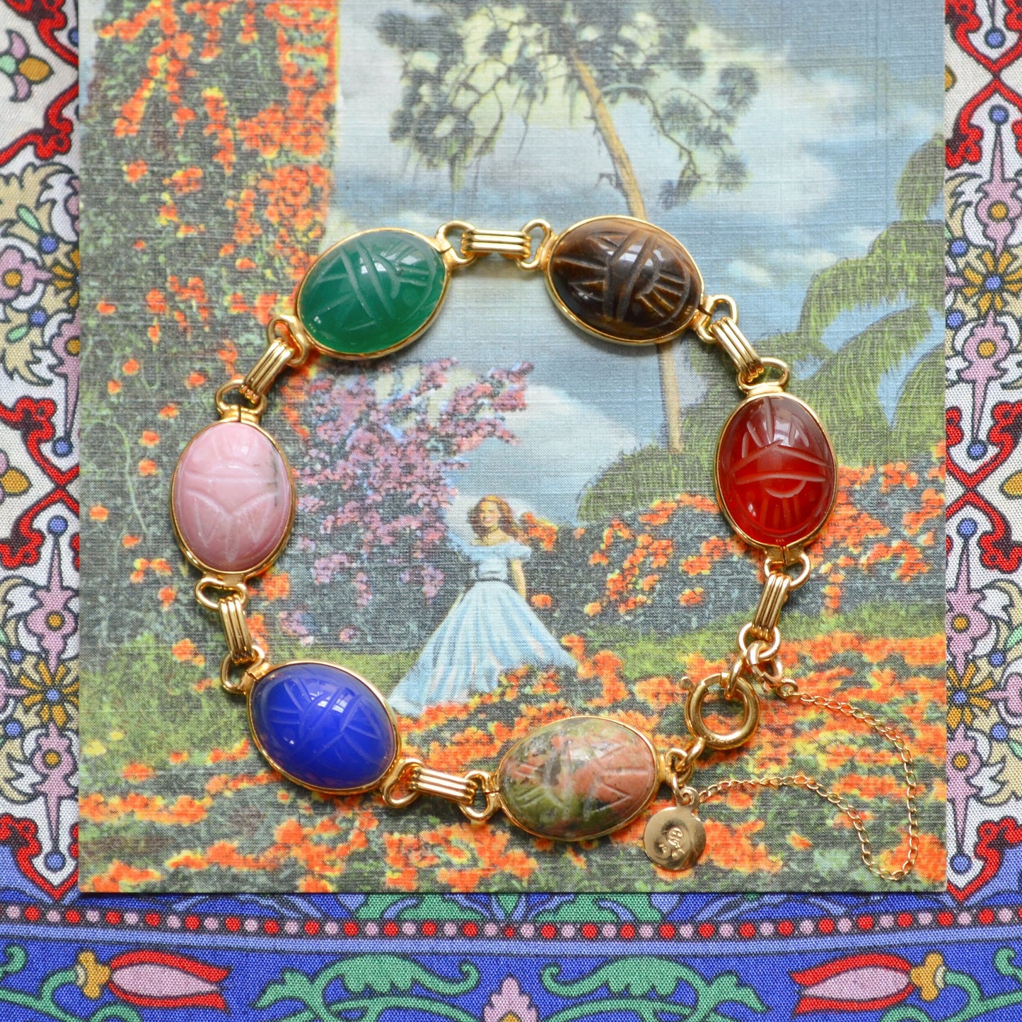 Gemstone and Gold Scarab Bracelet