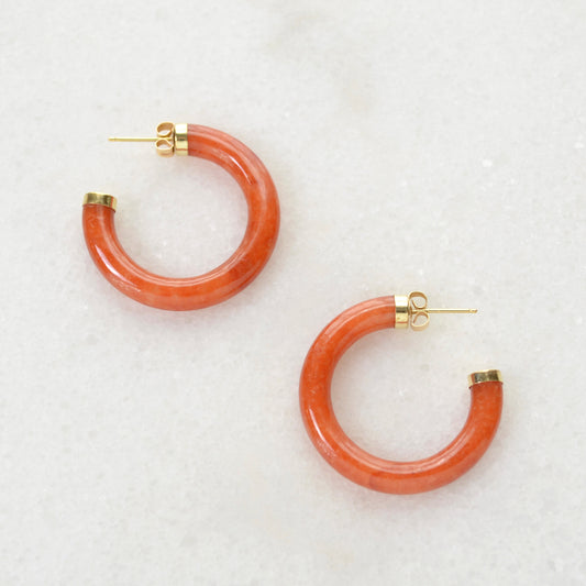 Red Jade and Gold Hoop Earrings