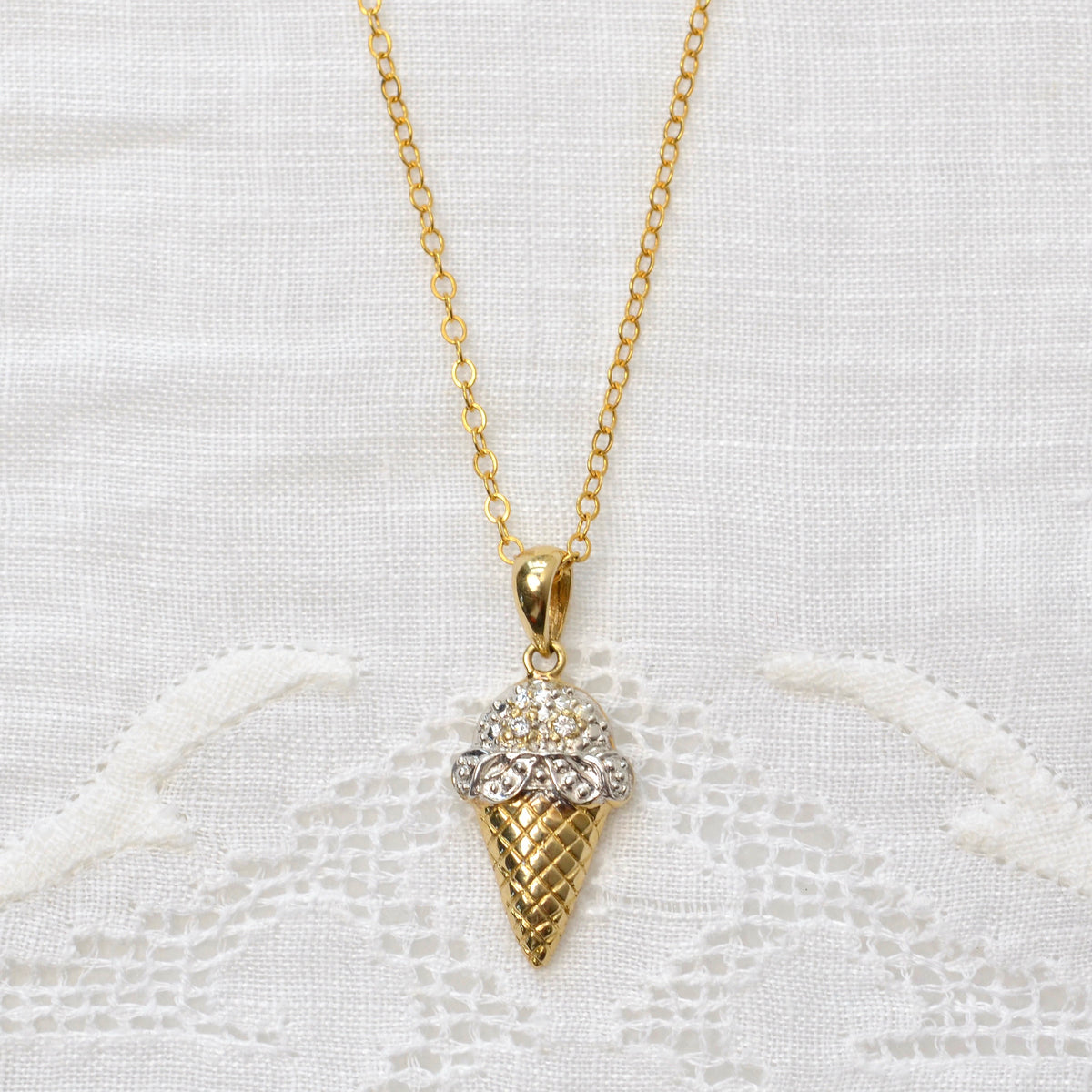 Vintage 10k Gold and Diamond Ice Cream Cone Necklace