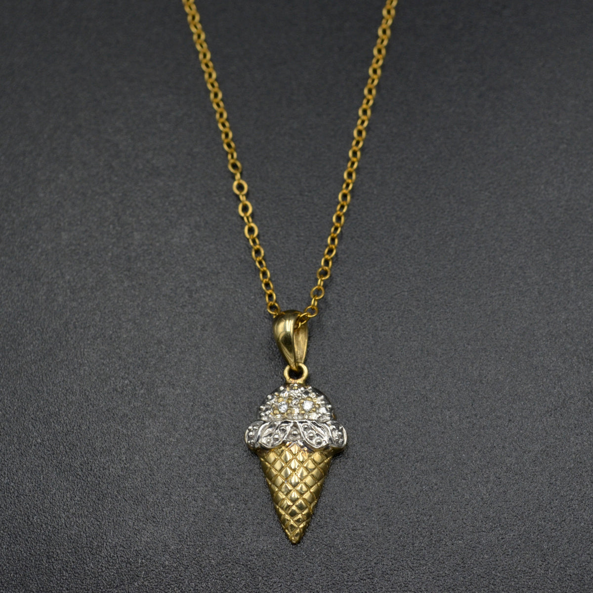 Vintage 10k Gold and Diamond Ice Cream Cone Necklace