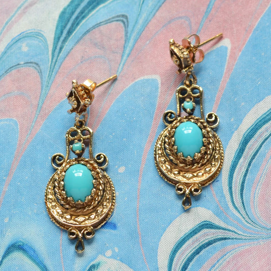 Turquoise and Gold Etruscan Revival Earrings