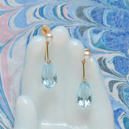 Aquamarine, Diamond, Pearl and Gold Earrings