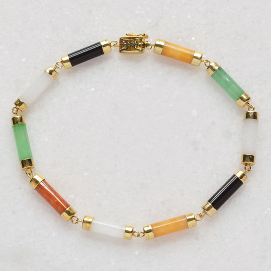 Vintage Multicolor Jadeite Jade and 14k Gold Link Bracelet