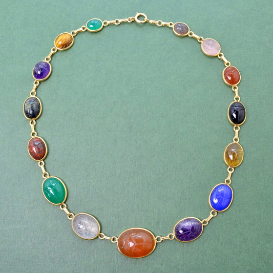 Vintage Graduated Egyptian Revival Gemstone Scarab and 14k Gold Necklace