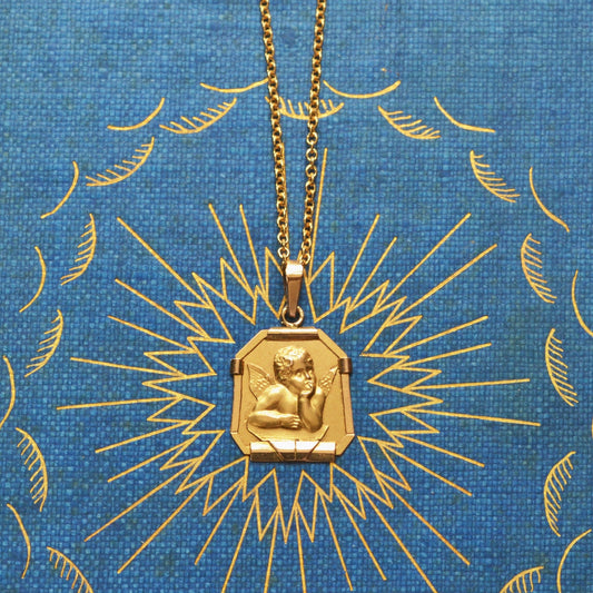 Vintage French 18k Gold Angel Pendant Necklace