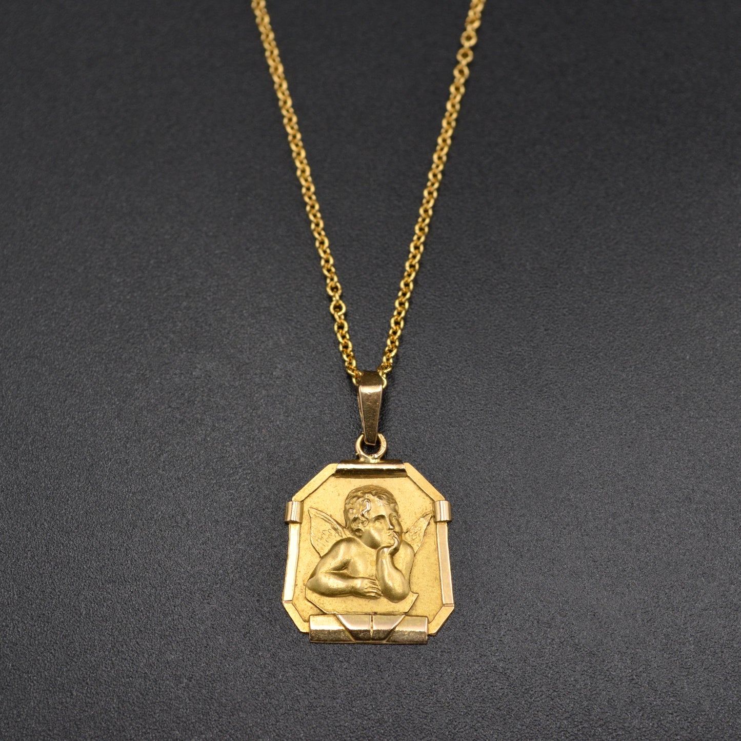 Vintage French 18k Gold Angel Pendant Necklace