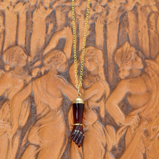 Vintage Amber and 14k Gold Mano Figa Necklace