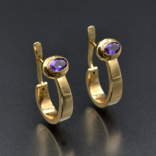 Vintage Amethyst and 14k Gold Hoop Earrings