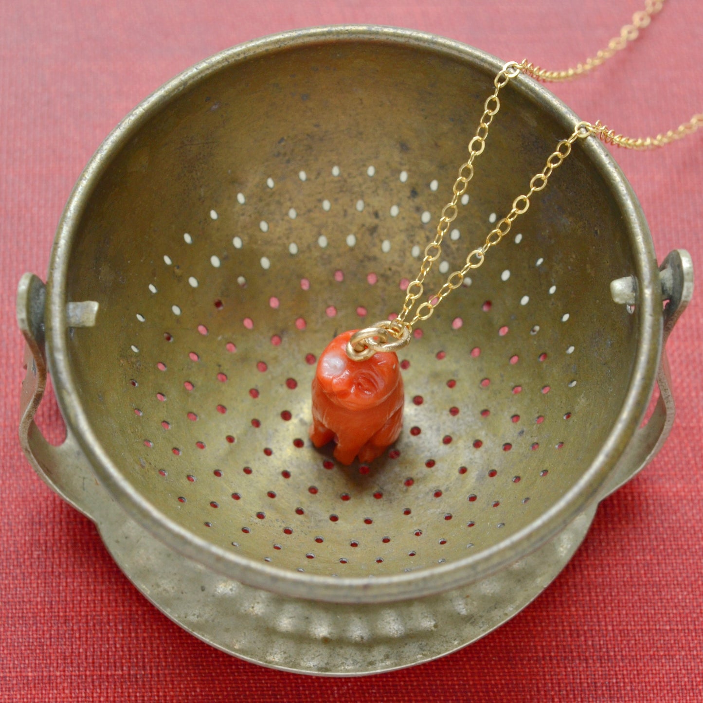 Antique Carved Coral Cat Pendant Necklace