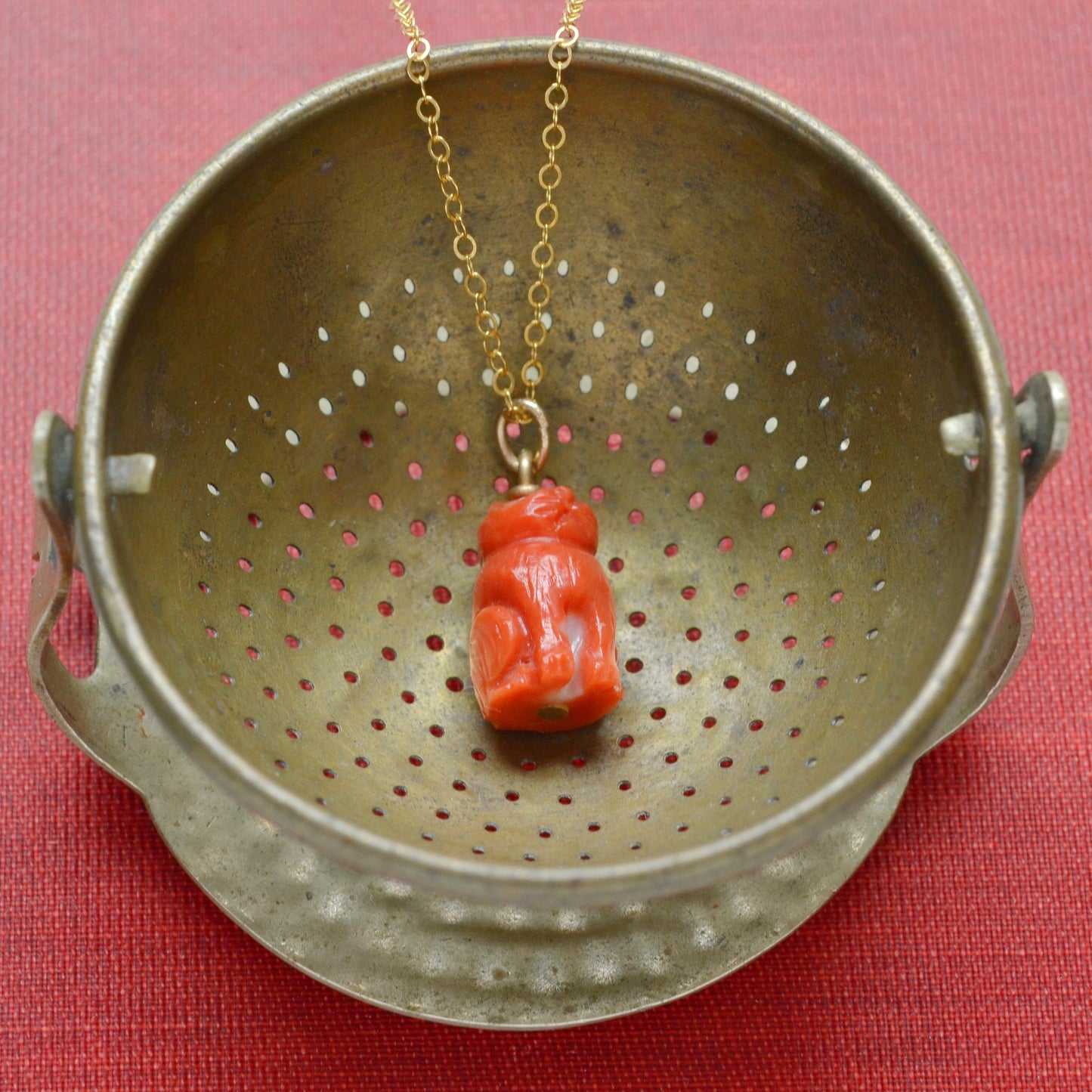 Antique Carved Coral Cat Pendant Necklace