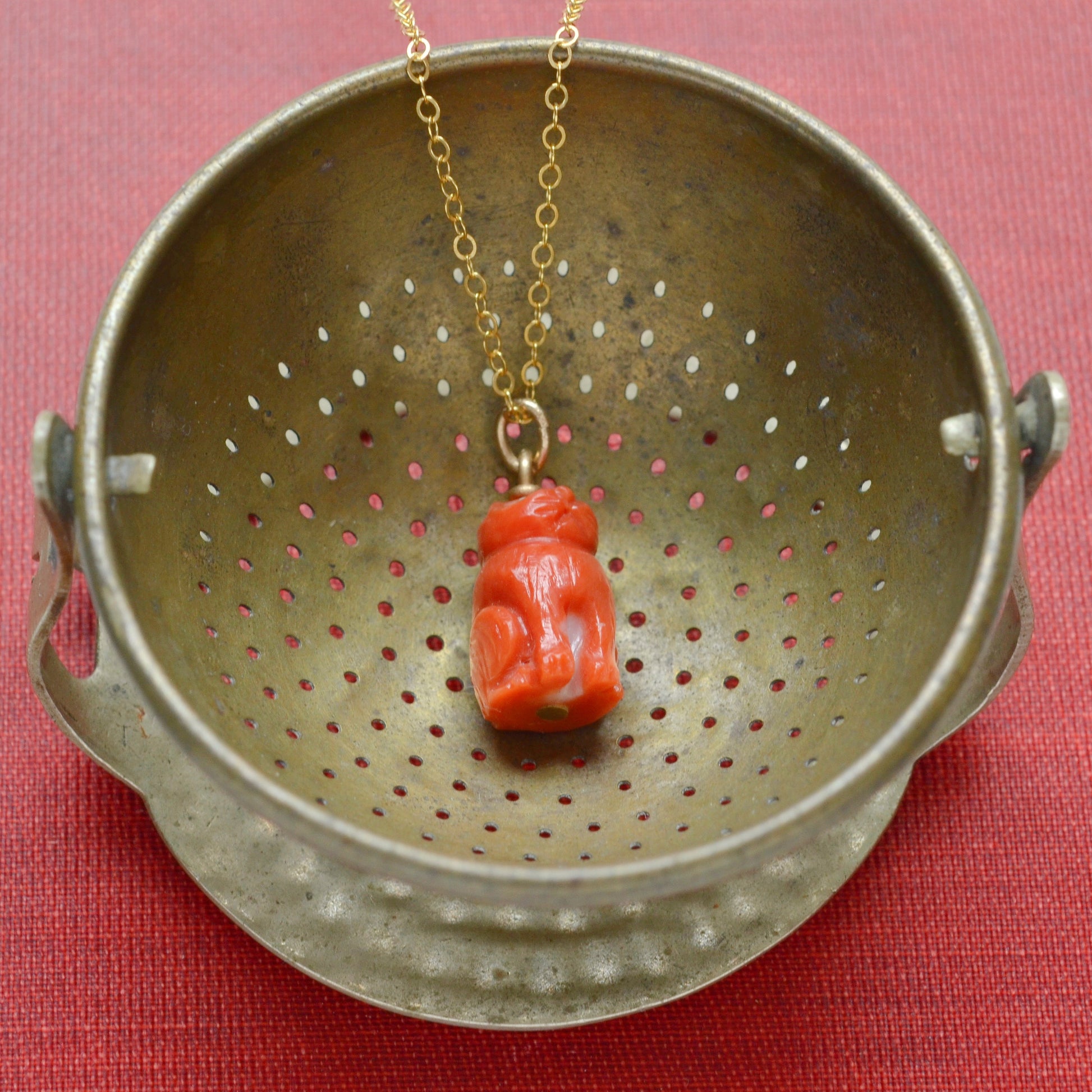 Antique Carved Coral Cat Pendant Necklace