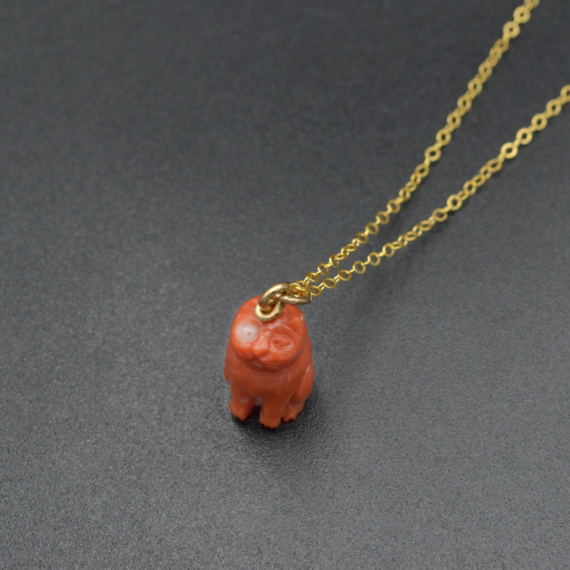 Antique Carved Coral Cat Pendant Necklace
