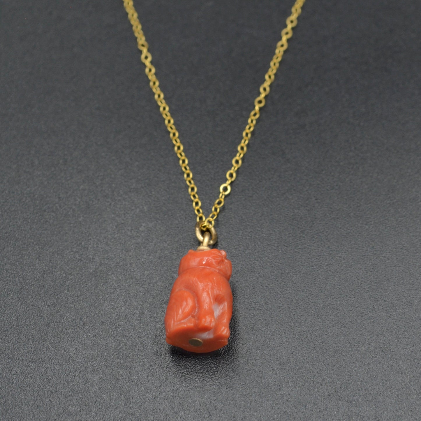 Antique Carved Coral Cat Pendant Necklace