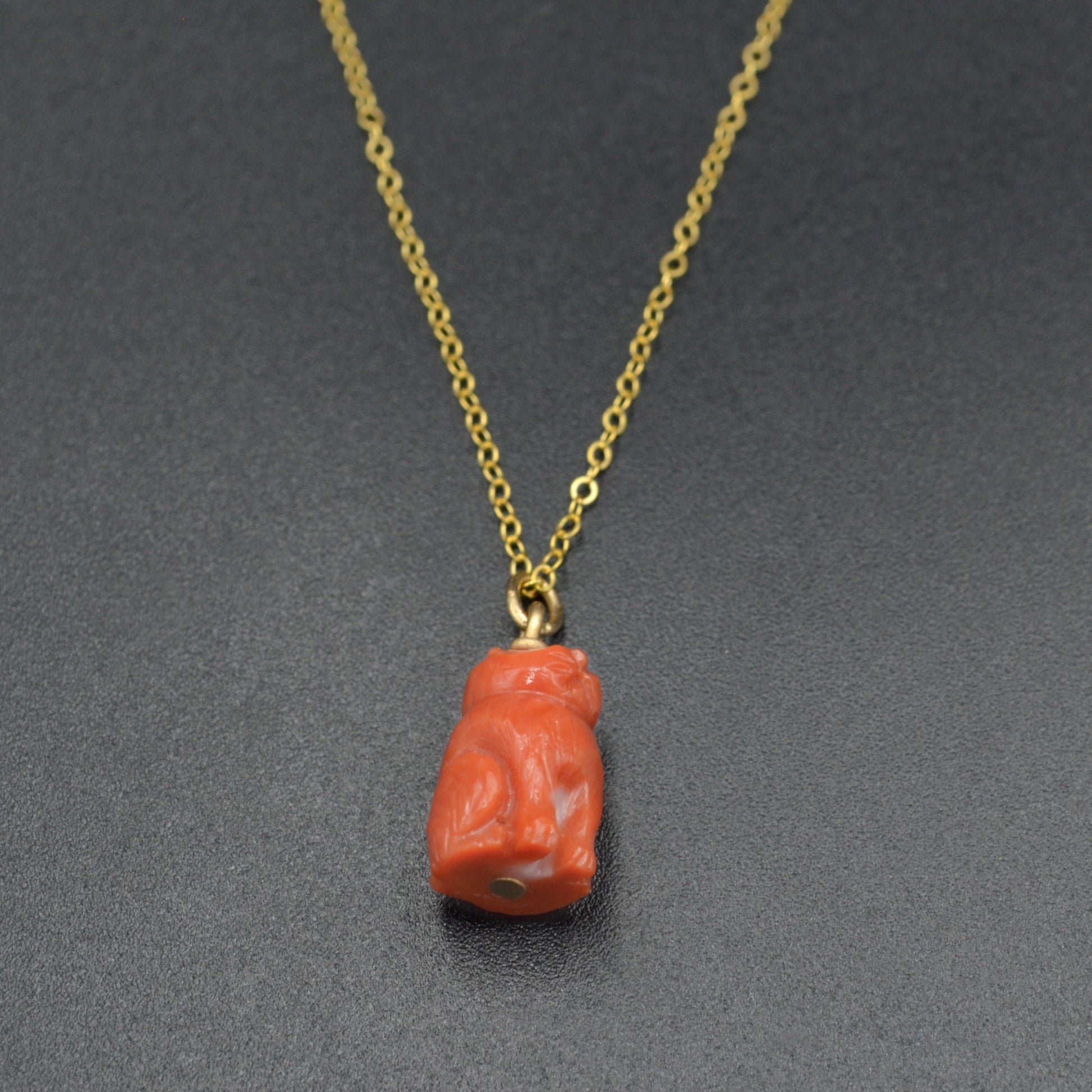 Antique Carved Coral Cat Pendant Necklace