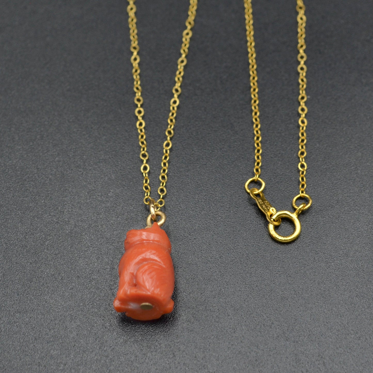 Antique Carved Coral Cat Pendant Necklace