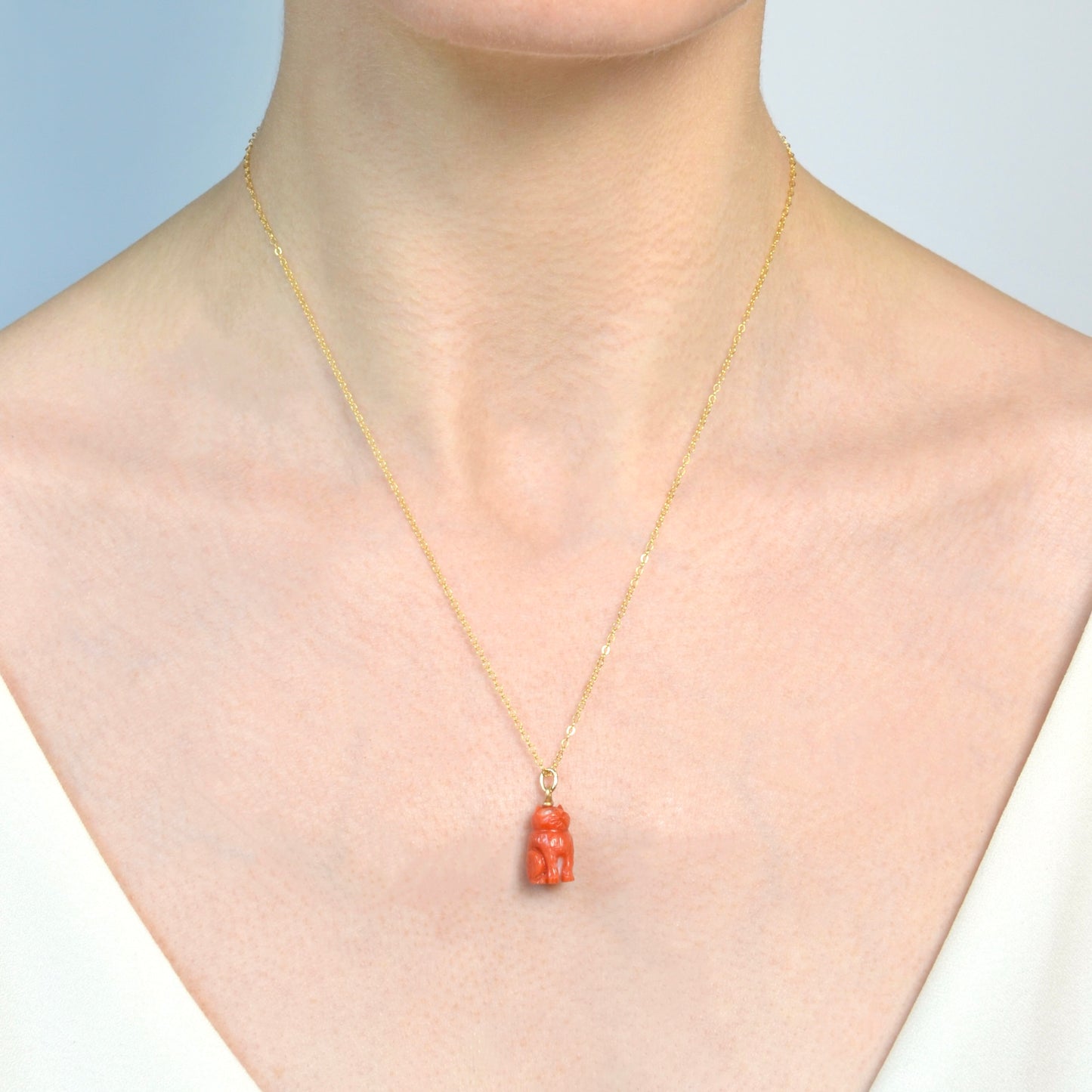 Antique Carved Coral Cat Pendant Necklace