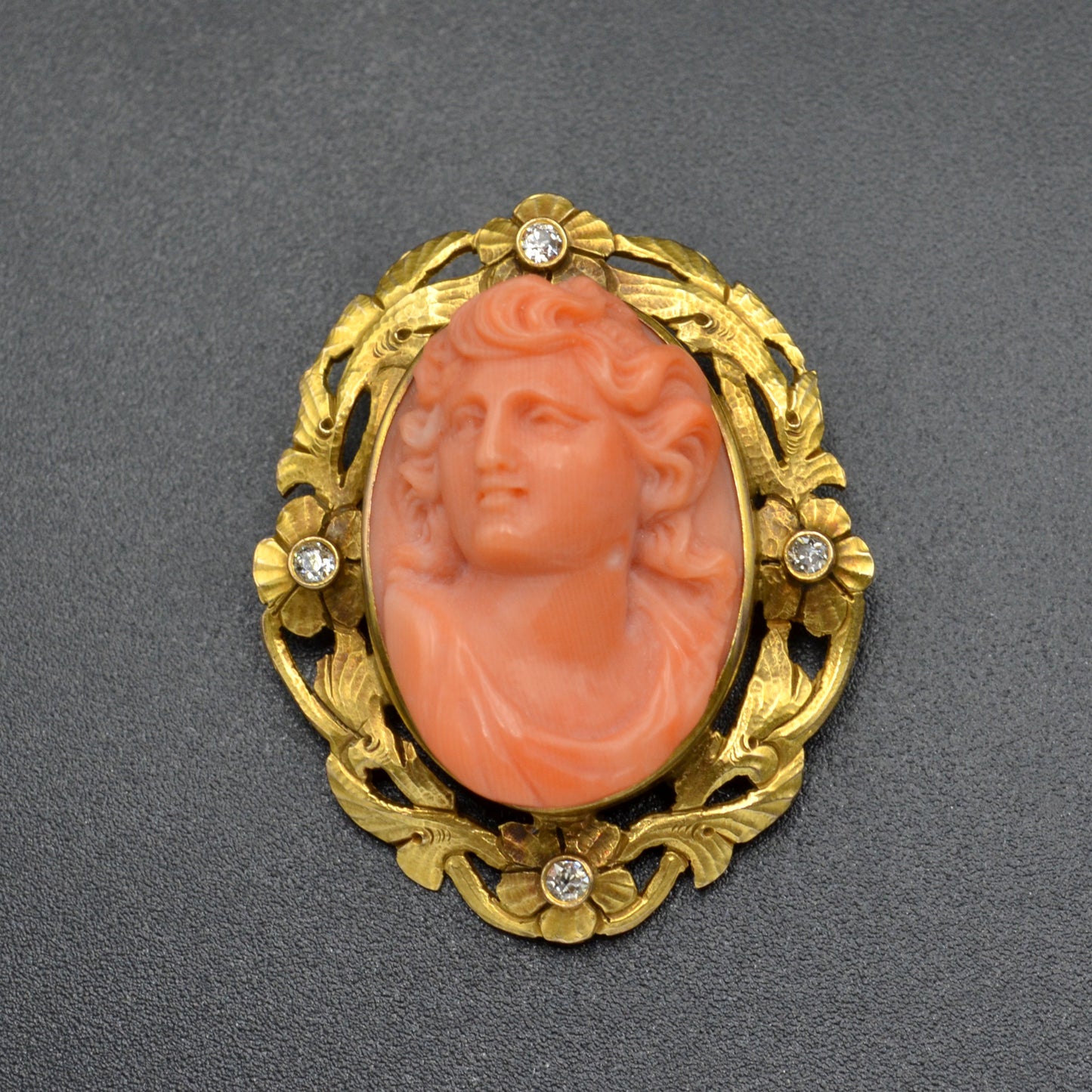 Antique Pink Coral, Diamond And 10k Gold Cameo Pendant/Brooch Necklace