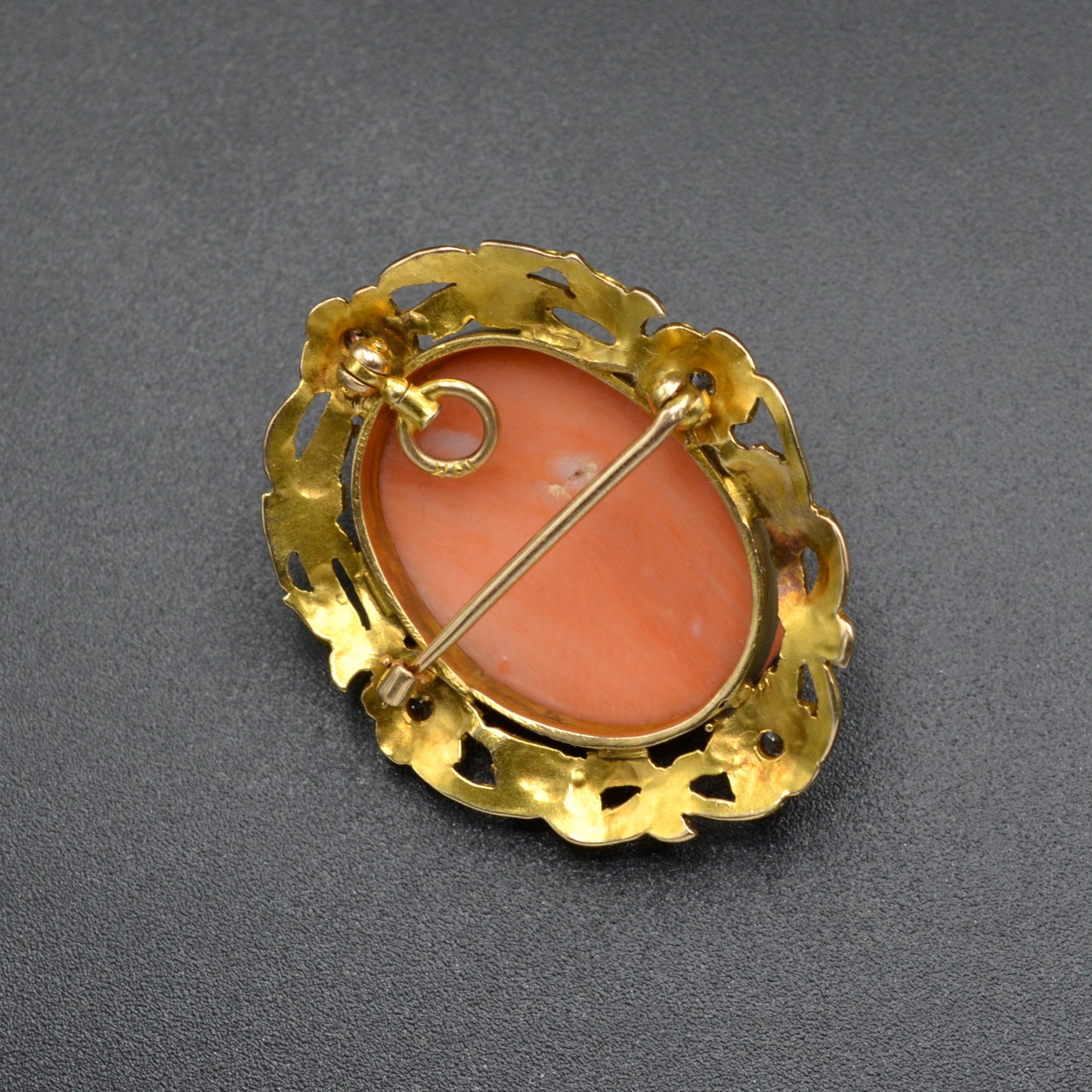 Antique Pink Coral, Diamond And 10k Gold Cameo Pendant/Brooch Necklace