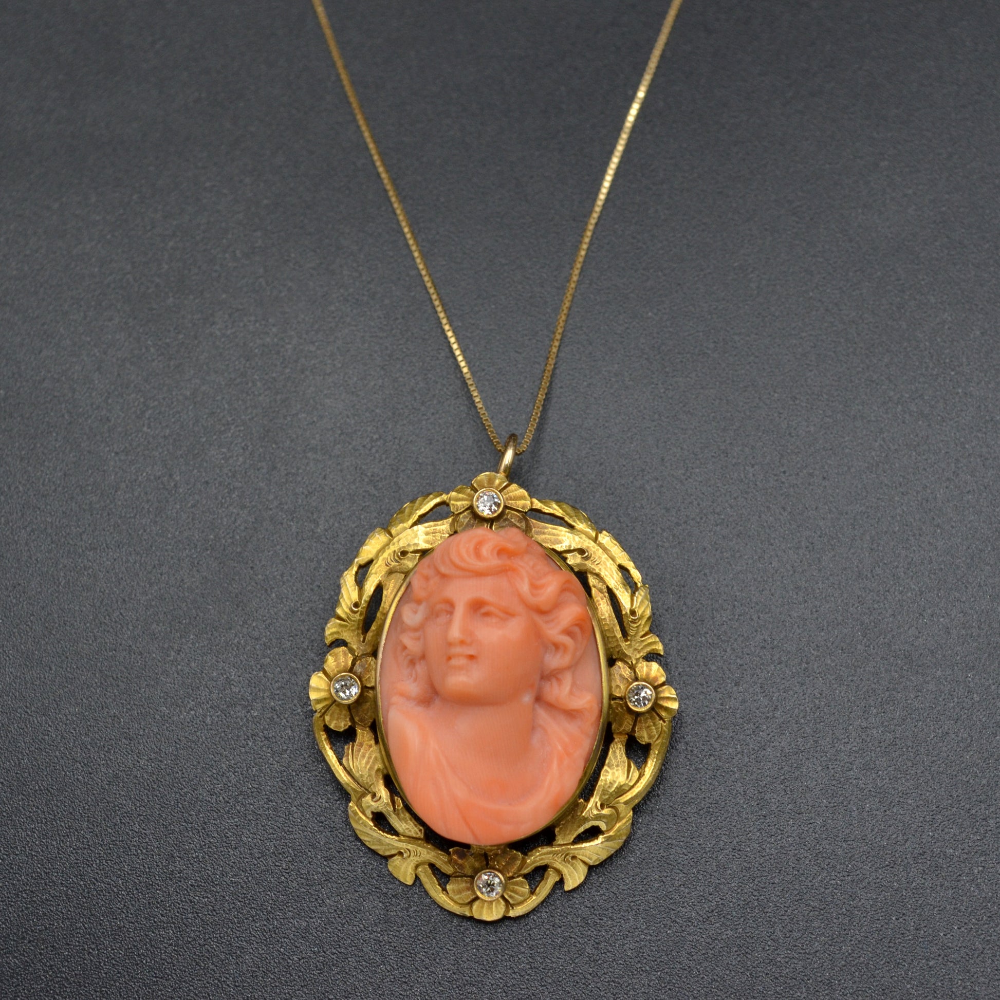 Antique Pink Coral, Diamond And 10k Gold Cameo Pendant/Brooch Necklace