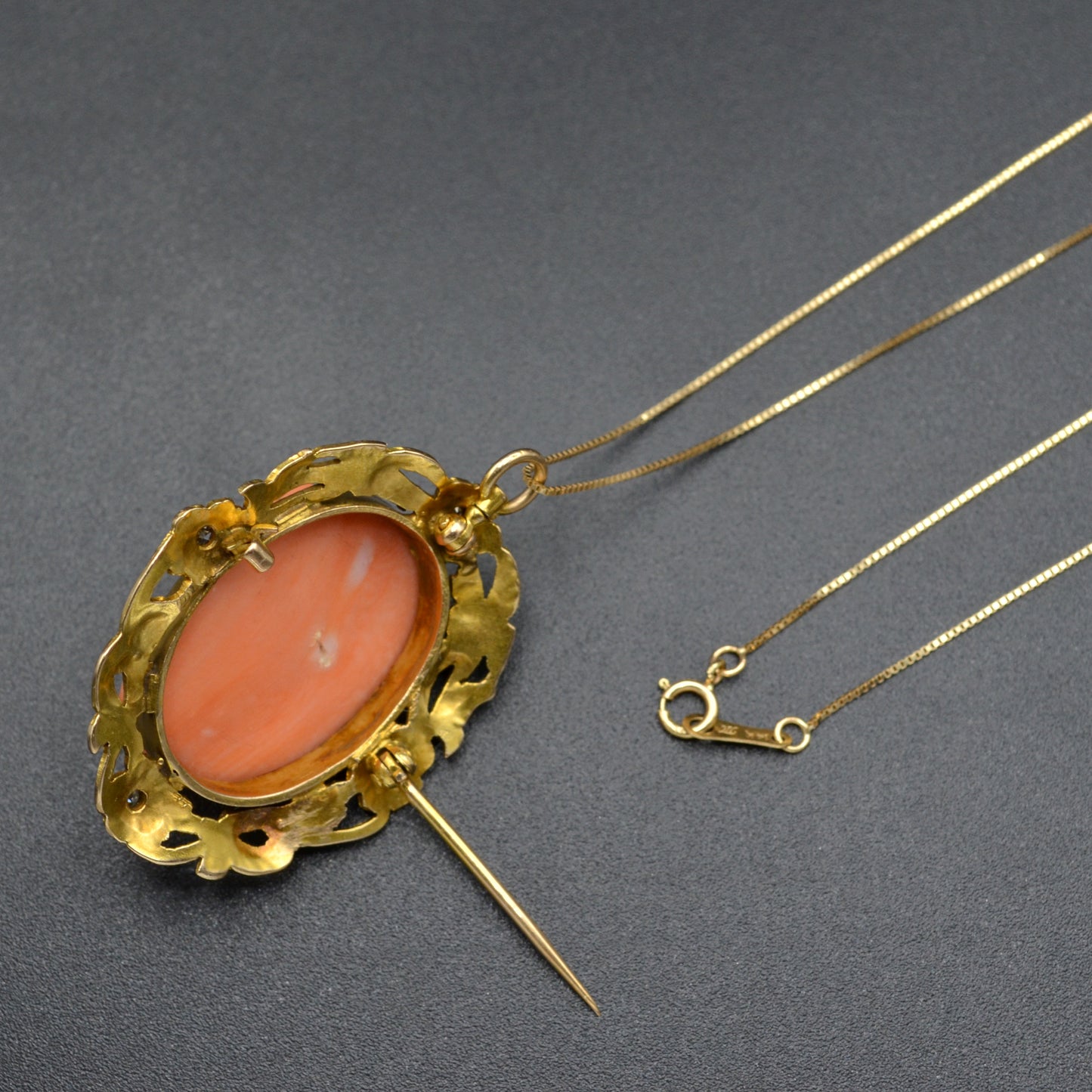 Antique Pink Coral, Diamond And 10k Gold Cameo Pendant/Brooch Necklace