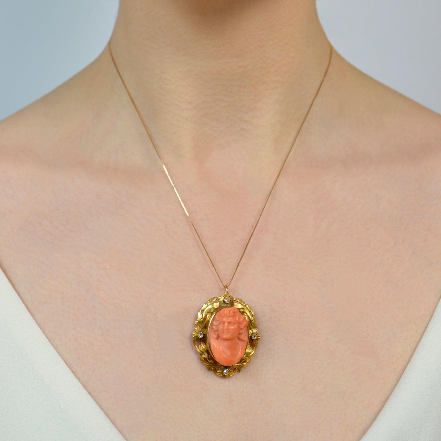 Antique Pink Coral, Diamond And 10k Gold Cameo Pendant/Brooch Necklace